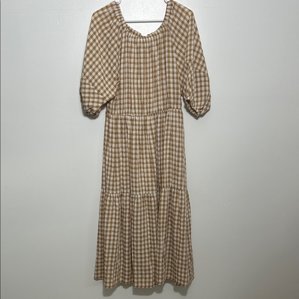 Mango Plaid Puff Sleeve Midi Dress